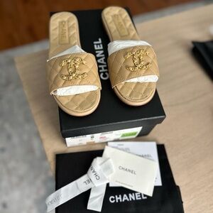Chanel Beige Quilted Slide Sandals
